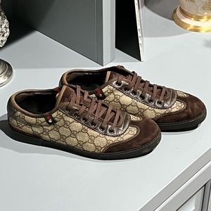 Gucci Brown/Beige GG Coated Canvas and Suede Low Top Sneakers